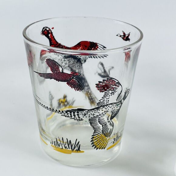 4 VTG Hazel Atlas Pheasant Hunter Low Ball Double Shot Barware Whiskey Glasses - Picture 8 of 10